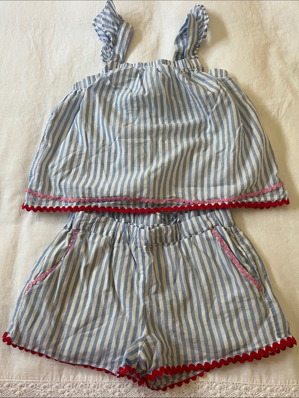 Crewcuts Blue & White Cotton Set with Ricrac Trim, Size Large (10-11)